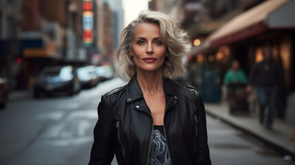 Portrait of an attractive mature woman wearing a leather jacket in the city - obrazy, fototapety, plakaty