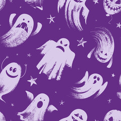 Happy halloween illustration. Seamless pattern with cartoon characters. Cute white ghosts on the purple background.
