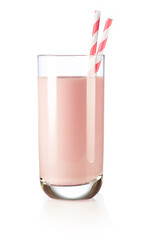 Close up shot of strawberry milkshake glass with two paper drinking straws isolated on white background.