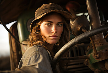 Fototapeta na wymiar Portrait of a beautiful farmer young woman in her tractor. Generative AI.