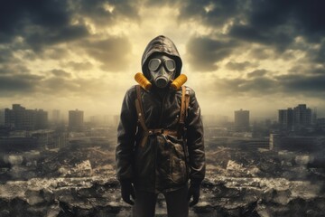Person wearing a gas mask in a desolate urban landscape, symbolizing the fear and uncertainty surrounding viral outbreaks. Generative AI