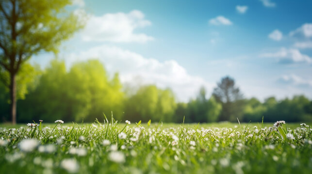 Beautifully blurred background image of spring nature with a neatly trimmed lawn surrounded by trees against a blue sky with clouds on a bright sunny day 
