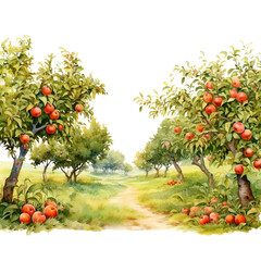 Apple Harvest Collection: Rows of Apple Trees Laden Watercolor Clipart