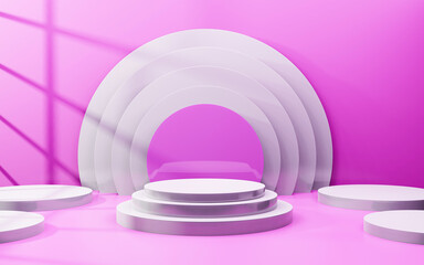 Exhibition podium or circular backdrop. Set of realistic 3d background with cylinder podium. Podium showing products in bright pink tones. There was a shadow from the window shining in. 3D Rendering