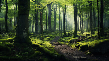 Obraz premium The morning atmosphere of a mature forest overgrown with tall trees and the forest floor is filled with mossy stones. Small plants and greenish moss fill the entire forest floor.