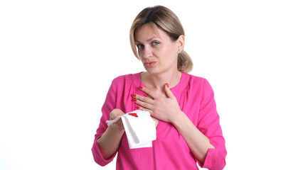 Woman coughs up blood and holds paper with blood. Pulmonary tuberculosis causes symptoms diagnosis
