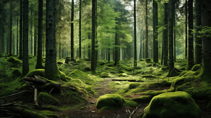 The morning atmosphere of a mature forest overgrown with tall trees and the forest floor is filled with mossy stones. Small plants and greenish moss fill the entire forest floor.