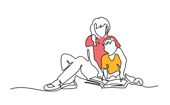 Mother and son reading book line-art