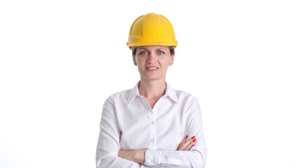 Smiling female architect or engineer in safety helmet. Female builder portrait