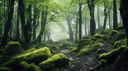 The morning atmosphere of a mature forest overgrown with tall trees and the forest floor is filled with mossy stones. Small plants and greenish moss fill the entire forest floor.