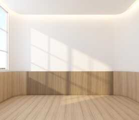 Empty room decorated with white wall and wood slat wall, hide warm white ceiling lighting. 3d rendering