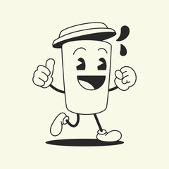 Funny running coffee paper cup to go comic character retro 30s animation style line art icon vector
