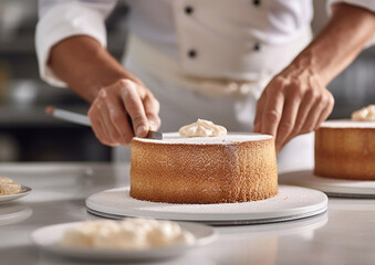 Chef preparing whipped cream cake.Macro.AI Generative - obrazy, fototapety, plakaty