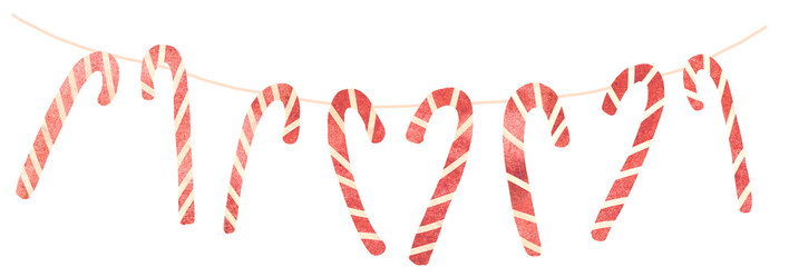 Christmas candy cane garland holiday decoration. Handdrawn watercolor texture  illustration