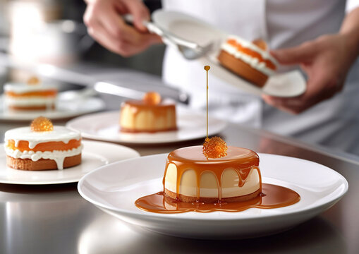 Professional cook arranging caramel dessert pastry.Macro.AI Generative.