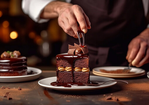 Cook arranging chocolate cake on plate for fine dining.Macro.AI Generative