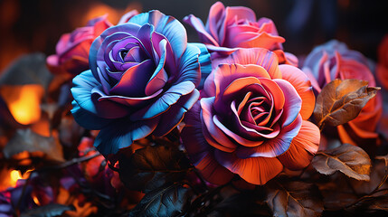 Fototapeta na wymiar Beautiful neon roses. Wallpaper concept. Generative Ai.