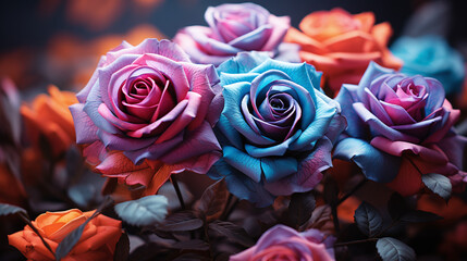 Beautiful neon roses. Wallpaper concept. Generative Ai.