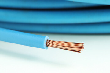 Single Core Blue Stranded Insulated Copper Electrical Conductor Closeup Macro View