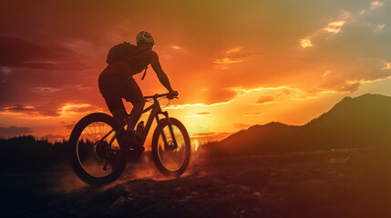 Naklejka na ściany i meble Cyclist riding a bike on an open road to the sunset 