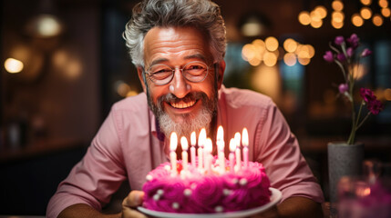 Obraz na płótnie Canvas Senior man with blowing candles on birthday cake,celebrating birthday.