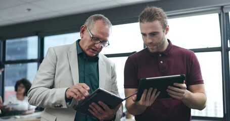 Tablet, men and mentor training designer, teamwork and planning in creative startup office. Technology, senior manager and coaching intern employee for graphic project, brainstorming and business - Powered by Adobe