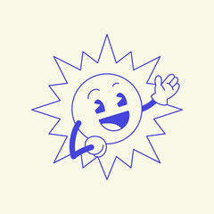 Cute positive sun cartoon character welcome gesture retro 30s animation style line art icon vector