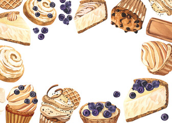 Watercolor frame dessert muffin, cupcake, bun, tart, cheesecake with blueberry. Hand-drawn illustration isolated on white background. Perfect food menu, design packing, bakery shop, cooking, tea party