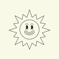 Smiling sun summer cartoon character comic mascot retro 30s animation style line art icon vector