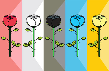 Flat Vector Design of Sets of Roses in Five Different Colors, Each Representing the Meaning of the Color: Love, Peace and Holiness, Sadness, Perfection, and Friendship.