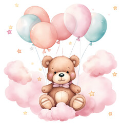 Cute Baby Bear And Balloons Watercolor Clipart