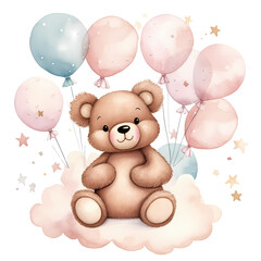 Cute Baby Bear And Balloons Watercolor Clipart