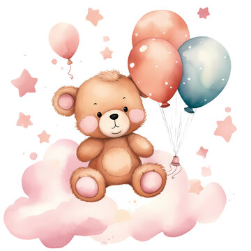 Cute Baby Bear And Balloons Watercolor Clipart