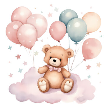 Cute Baby Bear And Balloons Watercolor Clipart