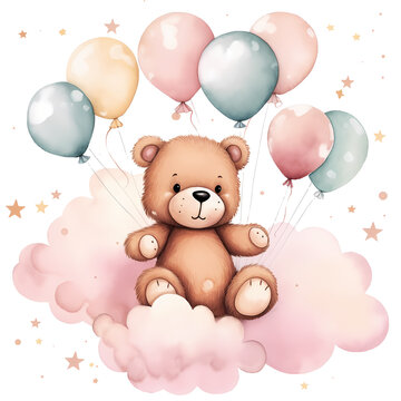 Cute Baby Bear And Balloons Watercolor Clipart