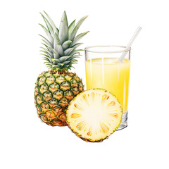 Fresh Pineaple Juice Clipart, Watercolor Pineapple Fruit Clipart on Transparent Background.