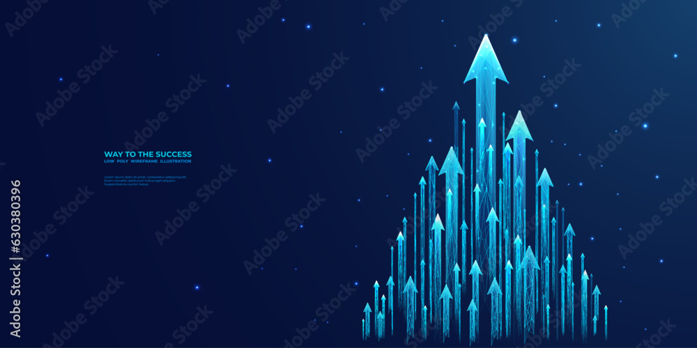 Aufkleber Abstract business arrow-up growth in a pyramid form in a futuristic low poly wireframe style. Digital development progress concept. Boosting sign in the technological blue banner. Vector illustration.