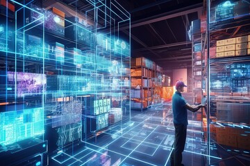 Warehouse with transporter robots and holographic dashboard. Digitalization Process Analyzes Goods.