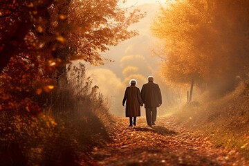 Silhouette of senior couple walking together in love, harmony with the autumn nature. Concept of autumnal season of live, centering on love, health. Connection to nature and enjoying the present.