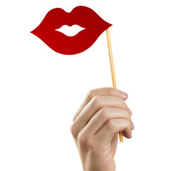 Hand holding paper lips on wooden sticks, cut out