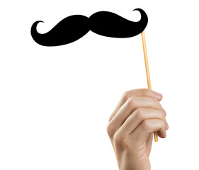 Hand holding paper moustache on wooden sticks, cut out