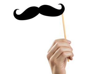 Hand holding paper moustache on wooden sticks, cut out