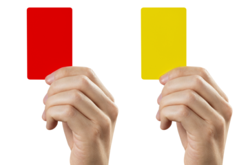 Referee hand holding red and yellow cards, cut out