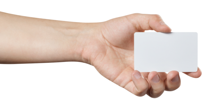 Male hand holding a blank card or a ticket/flyer, cut out