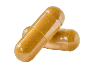 Herbal capsules, herb turmeric capsules on isolated transparent PNG Background.