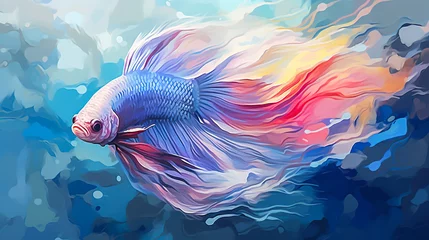Zelfklevend Fotobehang Portrait of Rosetail Betta fish in the style of abstract mixed grunge colors illustration vector art. Digital illustration generative AI. © Tepsarit