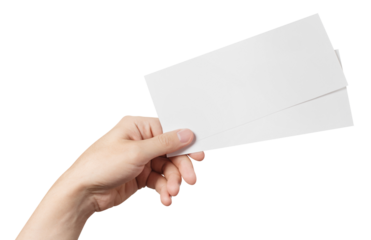 Male hand holding two blank sheets of paper (tickets, flyers, invitations, coupons, banknotes, etc.), cut out