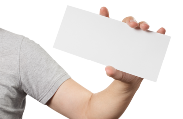 Male hand holding a blank sheet of paper (ticket, flyer, invitation, coupon, banknote, etc.), cut out