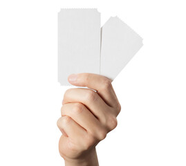 Hand with two small pieces of paper or plastic (cards, tickets, flyers, invitations, coupons,...