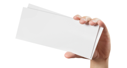 Male hand holding two blank sheets of paper (tickets, flyers, invitations, coupons, banknotes, etc.), cut out